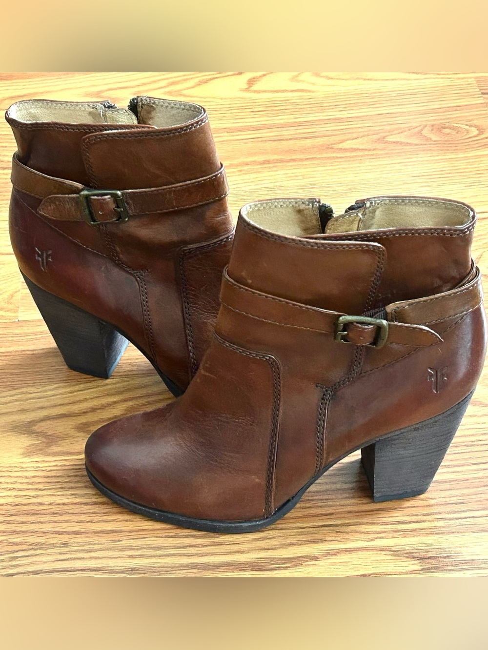 Frye Cognac Leather Ankle Boots with Buckle Strap Side Zip Size 8